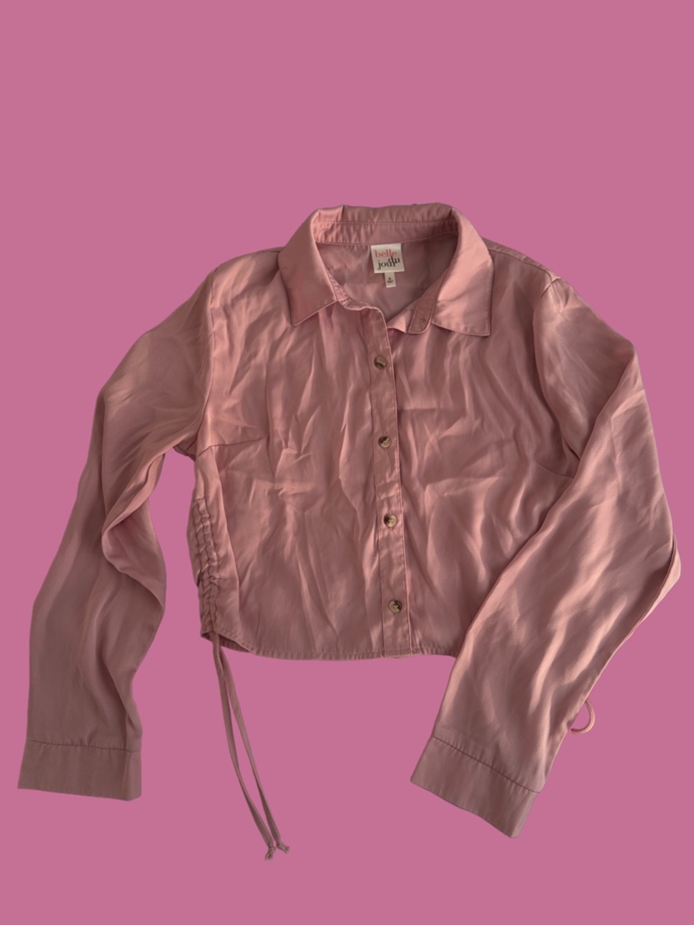 silky pink long sleeve button down w/ drawstring sides